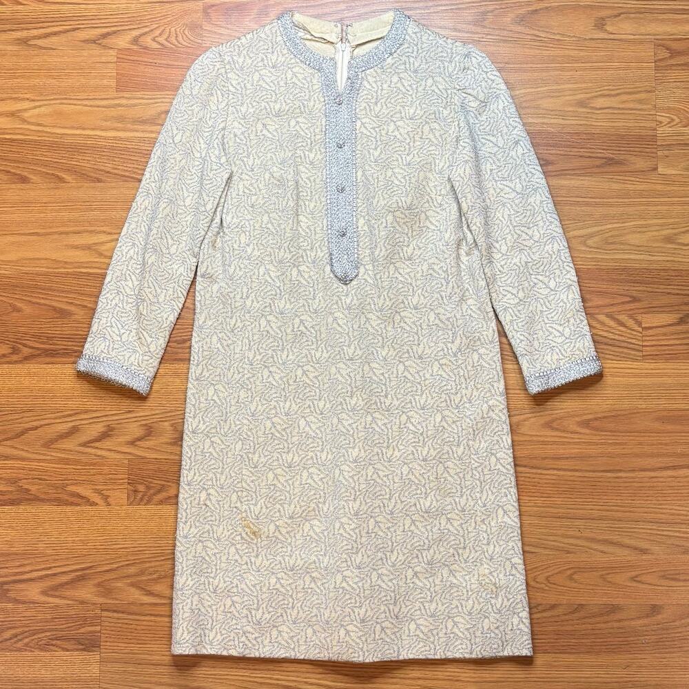 Vintage 1960s Leslie Fay Knits Metallic Silver Mod Cocktail Shift Dress S